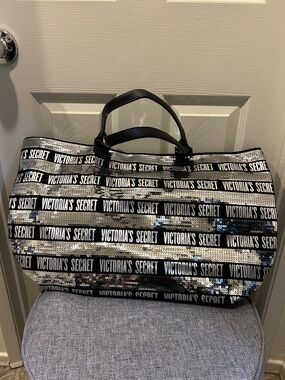 Victoria's Secret Black and Silver Sequin Logo Weekender Tote